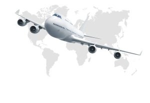 Wide-body passenger jet flying above a pale world map silhouette.
